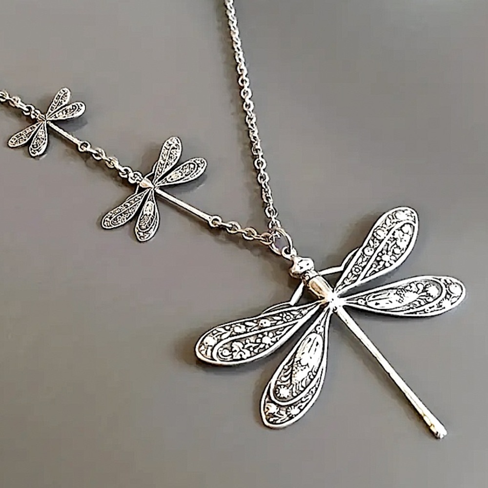 Vintage Dragonfly Statement Pendant Necklace, Bohemian, Boho, Tribal
